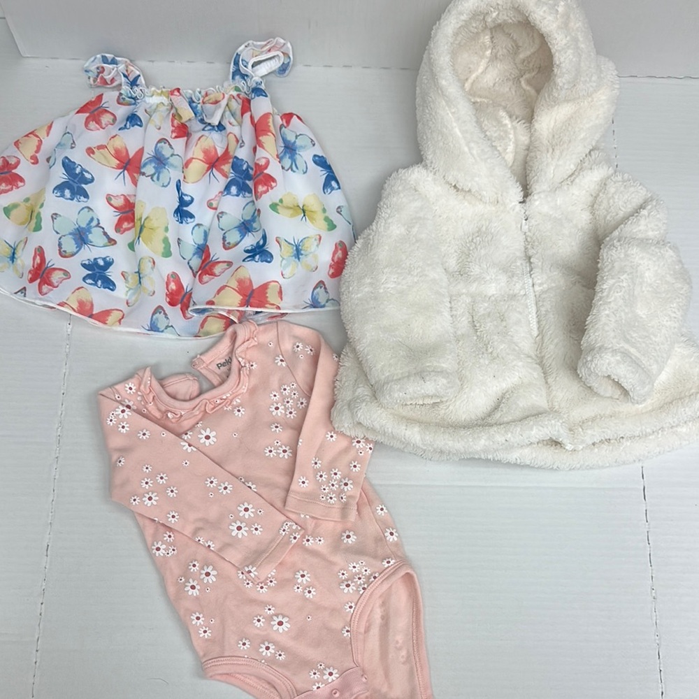 Butterfly Top, Pink Floral Onesie, and White Fuzzy Jacket Set. 6 months.